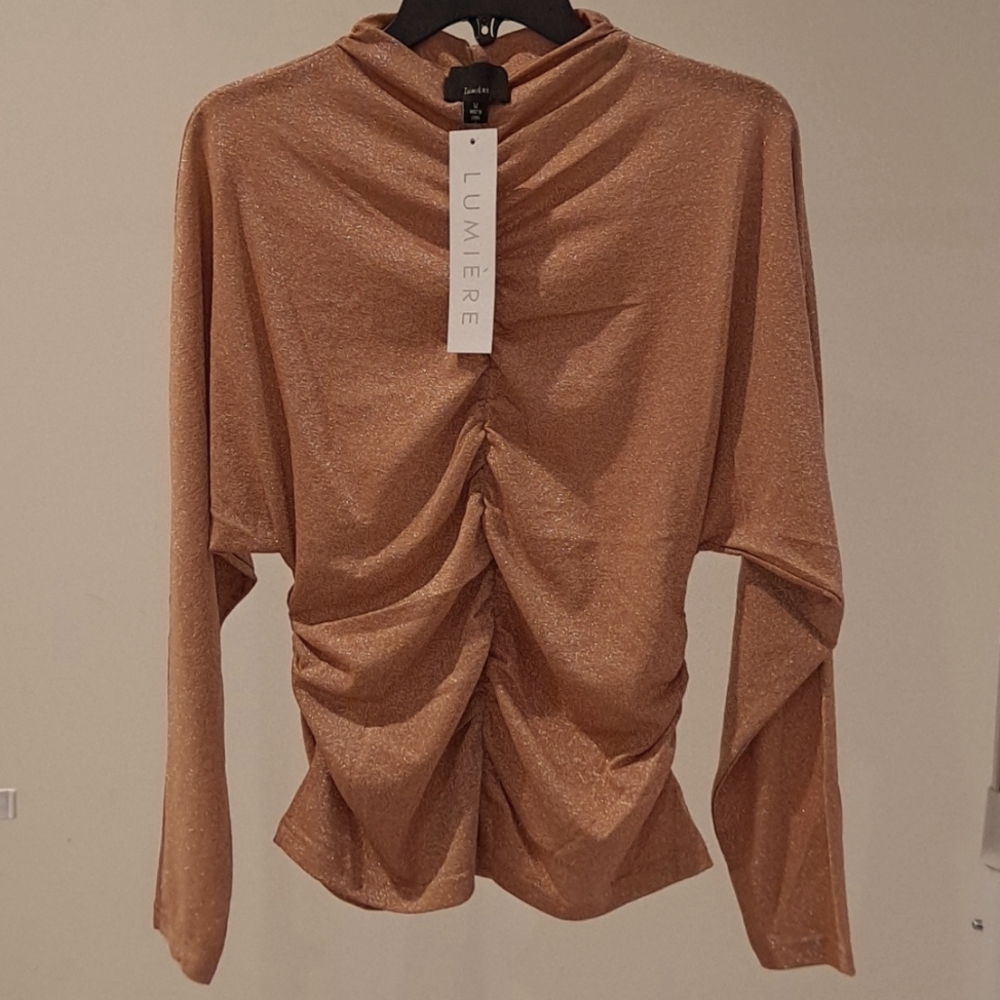 Lumiere long sleeve sequin shirt, size medium, color rose gold